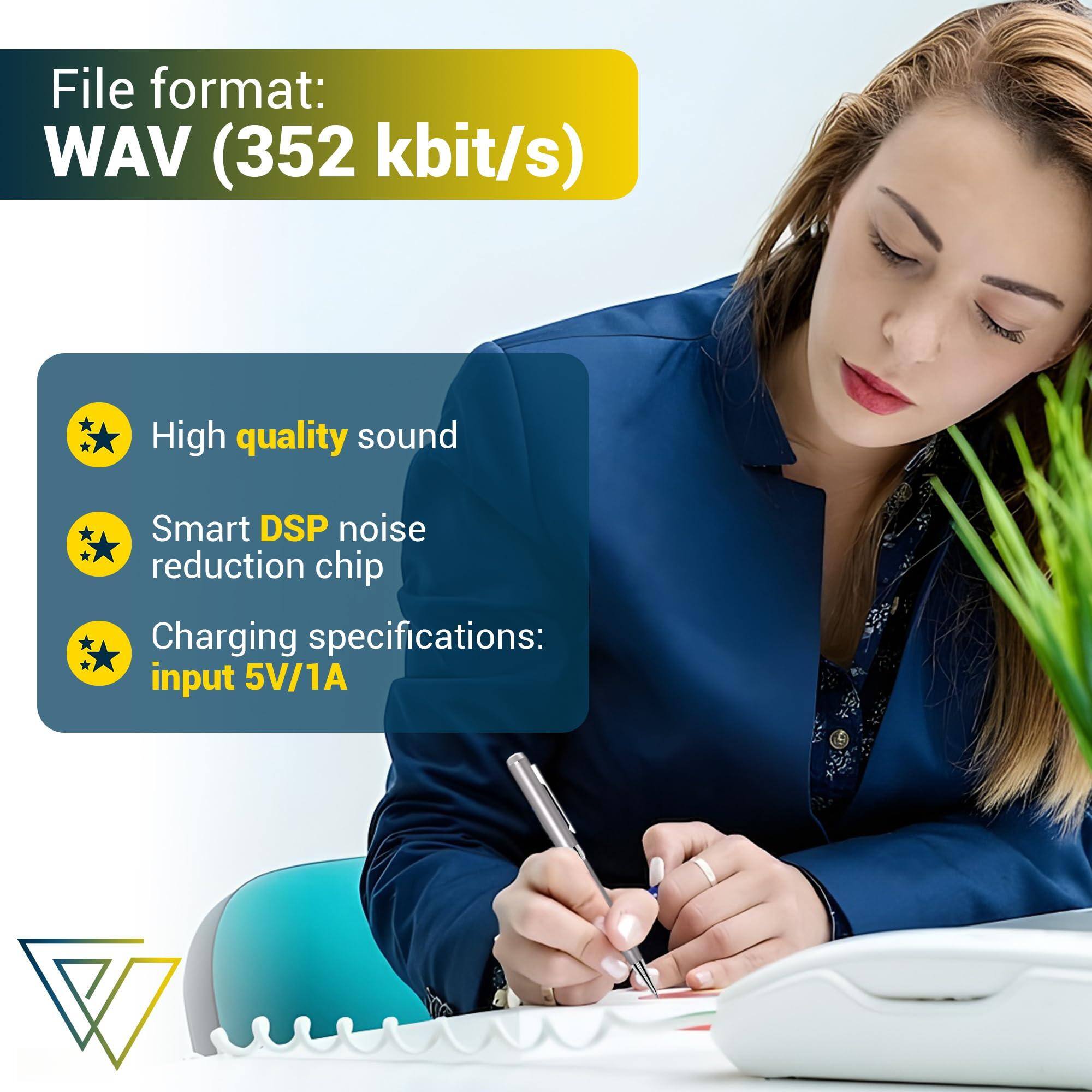 File format:  
WAV (352 kbit/s)

- High quality sound
- Smart DSP noise reduction chip
- Charging specifications: input 5V/1A