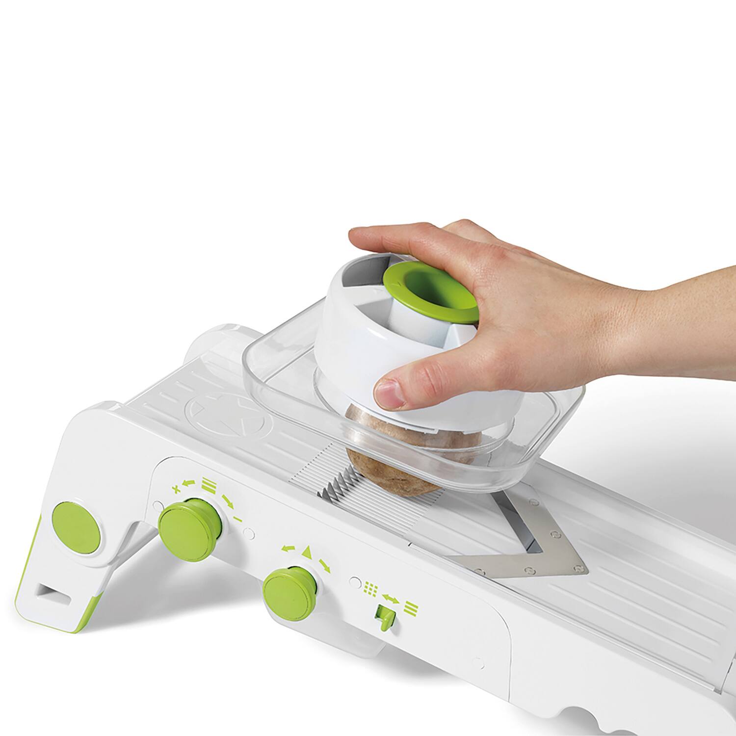 Left. Starfrit - Cubing Pro Mandoline Slicer with Storage Box - White/Green.