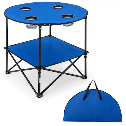 Front. Costway - 2-Tier Foldable Camping Table w/ Carrying Bag 4 Cup Holders for BBQ Camping - Blue+Black.