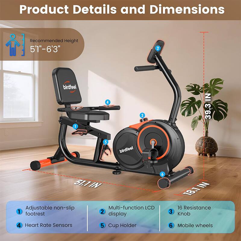 Product Details and Dimensions

Recommended Height: 5'1" - 6'3"

1. Adjustable non-slip footrest
2. Multi-function LCD display
3. 16 Resistance Knob
4. Heart Rate Sensors
5. Cup Holder
6. Mobile wheels

Dimensions:
- 51.1 IN
- 39.3 IN
- 18.1 IN