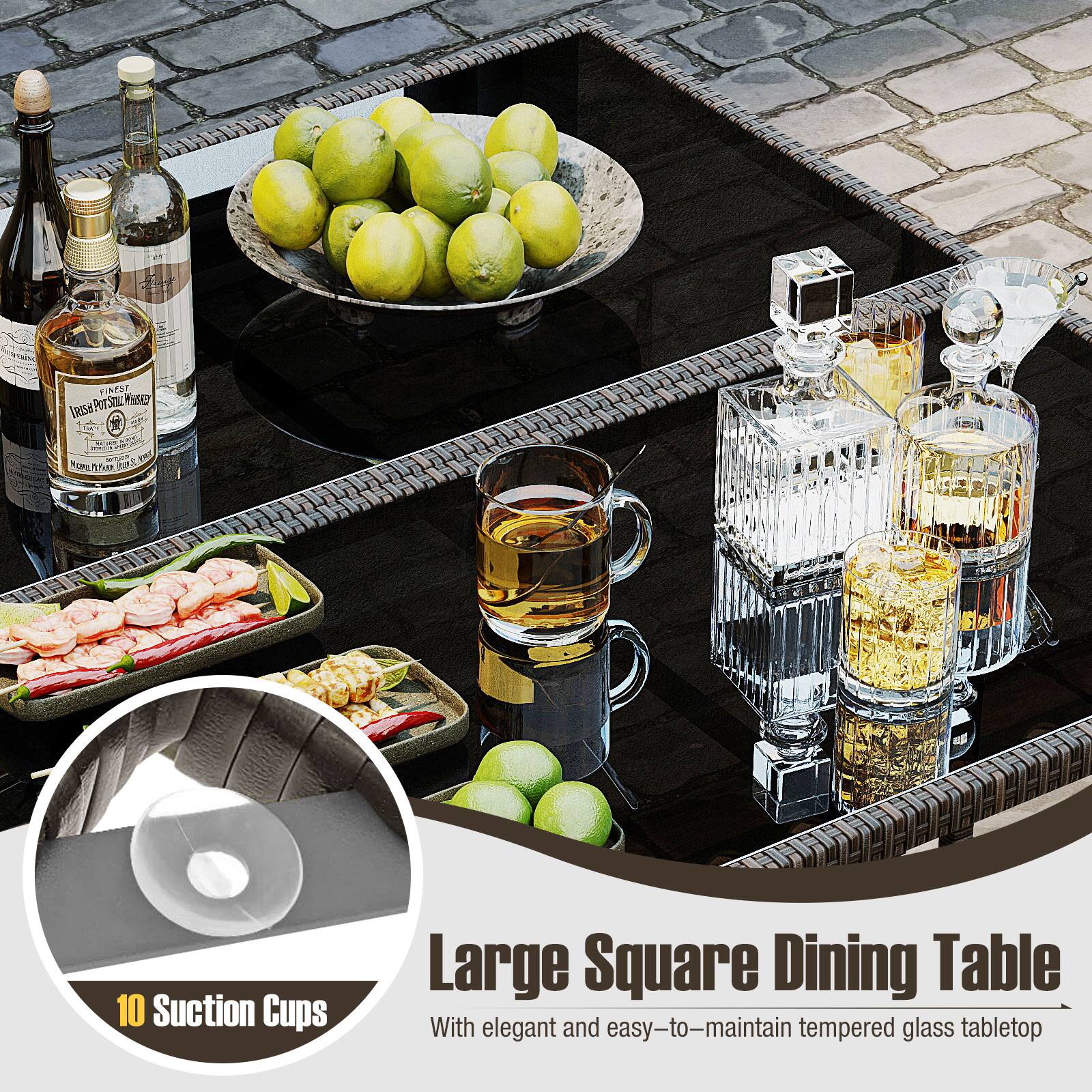 Large Square Dining Table  
With elegant and easy-to-maintain tempered glass tabletop  

10 Suction Cups