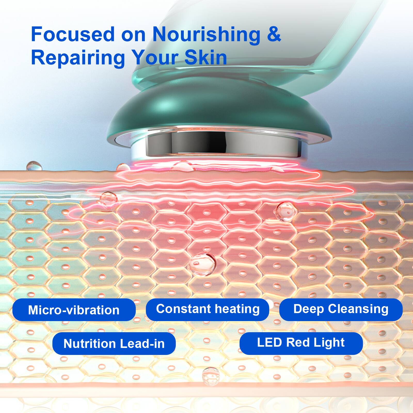 Focused on Nourishing & Repairing Your Skin

- Micro-vibration
- Constant heating
- Deep Cleansing
- Nutrition Lead-in
- LED Red Light