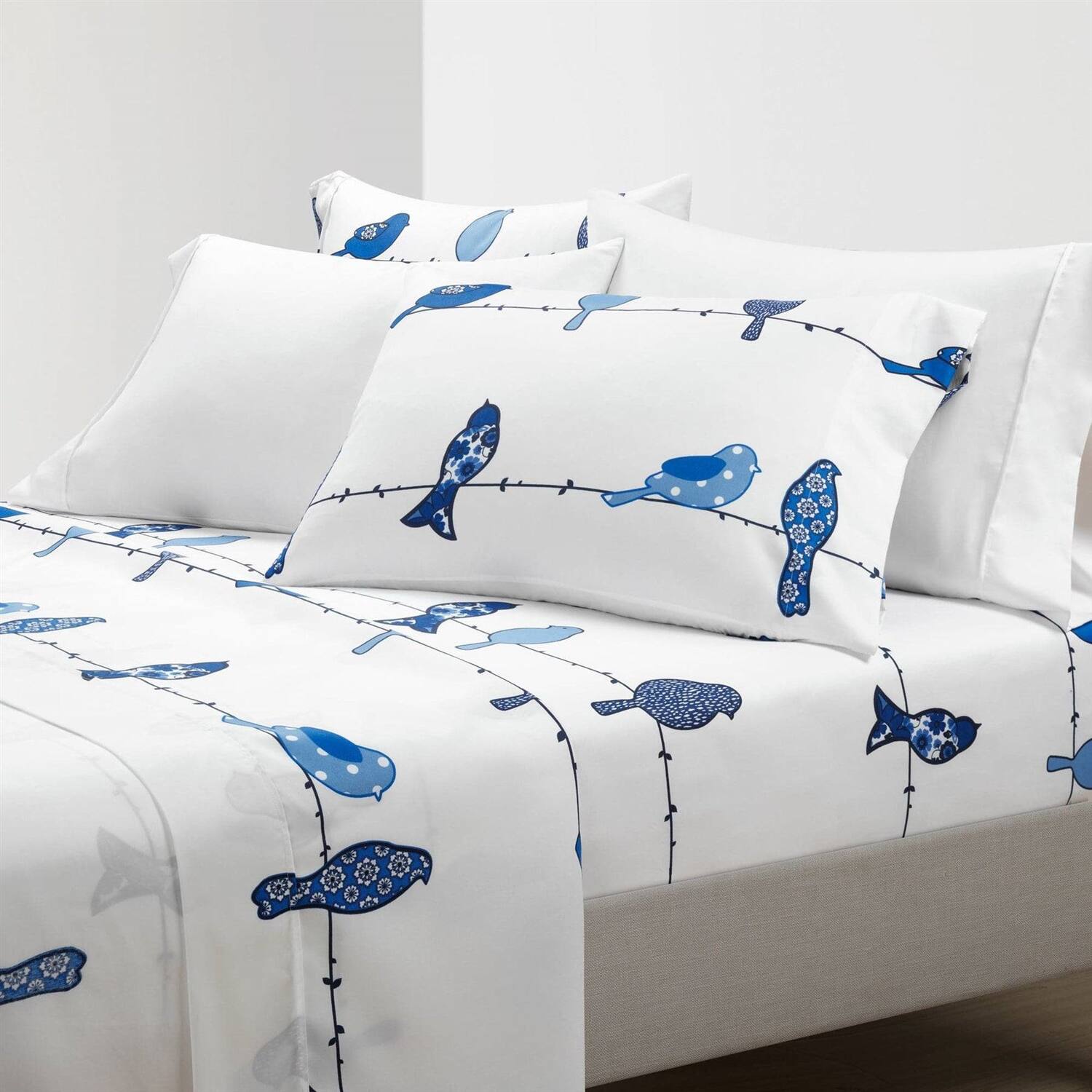 Front. Hivvago - King size Blue White Floral Birds on Wire Soft Polyester 6 Piece Sheet Set - Blue, White.