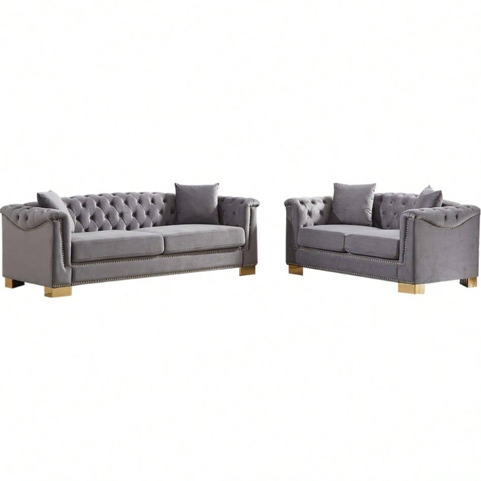 Alt View 6. Trinkets Crazed - 2 Pieces Living Room Sofa Set, Chesterfield Loveseat And 3 Seater Sofa, Mid Century Modern Velvet Cloud Sofas - Gray.