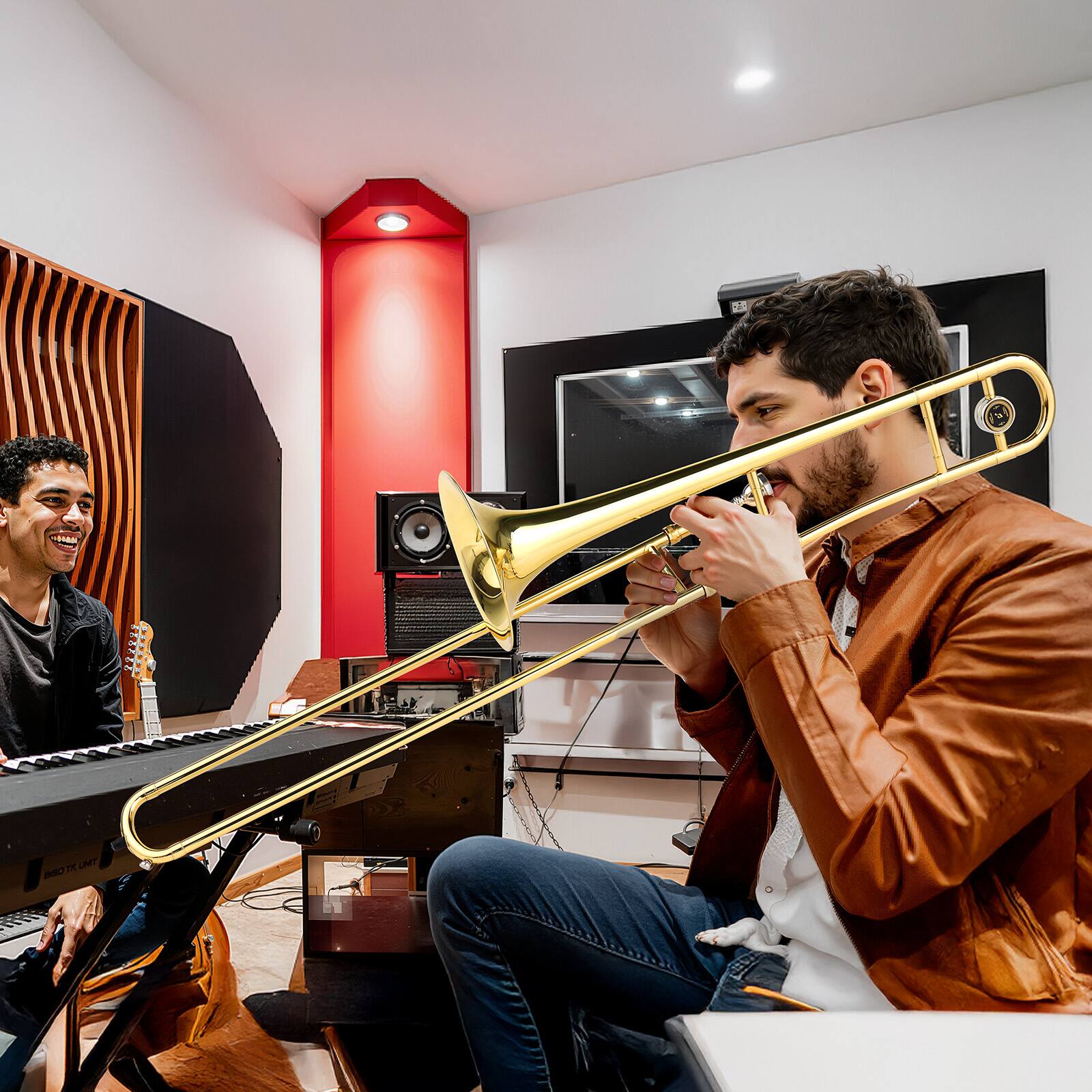 Angle. Winado - B Flat Tenor Trombone with Mouthpiece, Brass Slide Bb Trombones for Beginners, Portable Instrument.