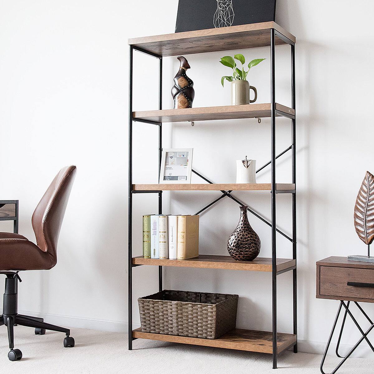 Alt View 12. Costway - 5-Tier Bookshelf, Industrial Etagere Bookcase, Rustic Display Shelf Organizer - Black + Brown.