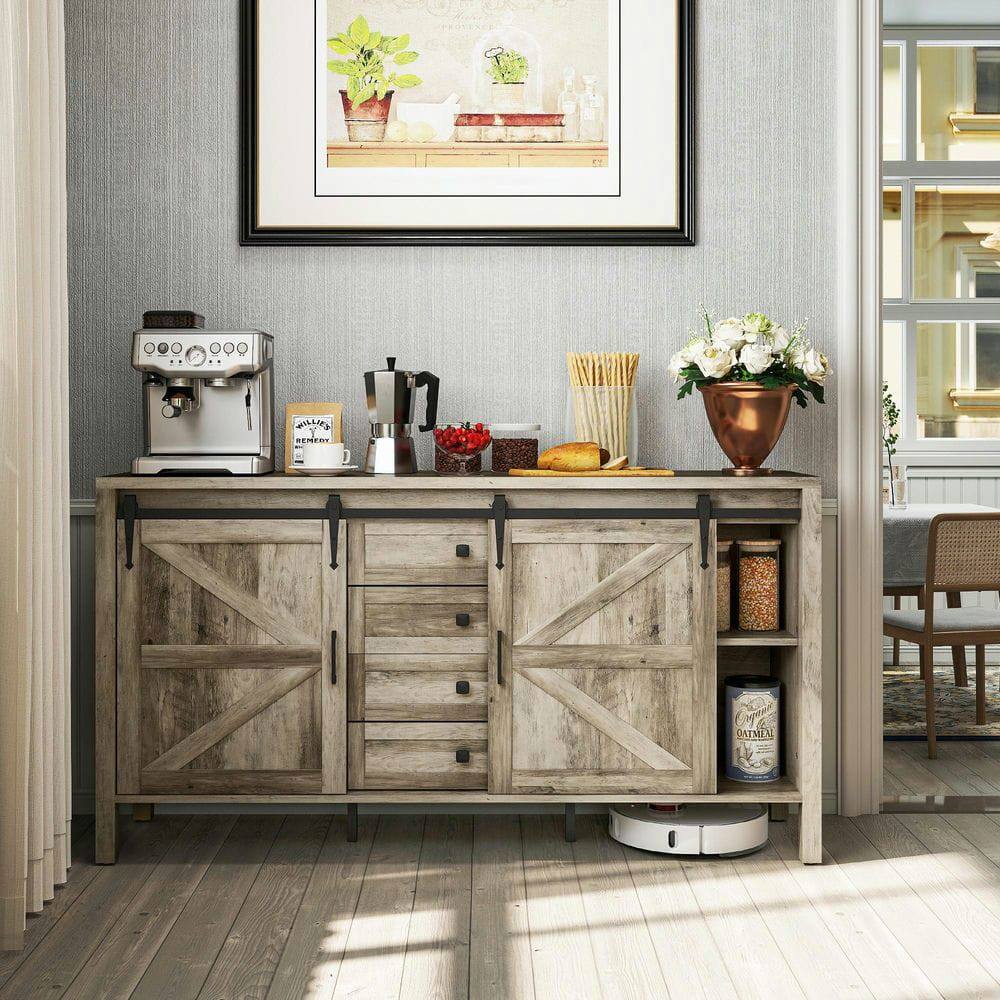 Kadyn - 59" Farmhouse Sideboard with Thick Top, 2 Barn Doors & 4 Drawers, Wash - Gray