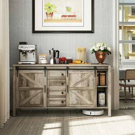Kadyn - 59" Farmhouse Sideboard with Thick Top, 2 Barn Doors & 4 Drawers, Wash - Gray