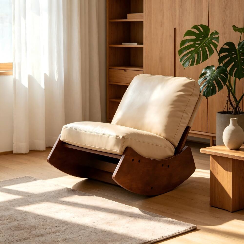 Angle. Loheer - Loheer Cream Faux Leather Glider Rocking Chair Solid Wood Frame Accent Reading Chair for Nursery Bedroom Living Room - Cream.