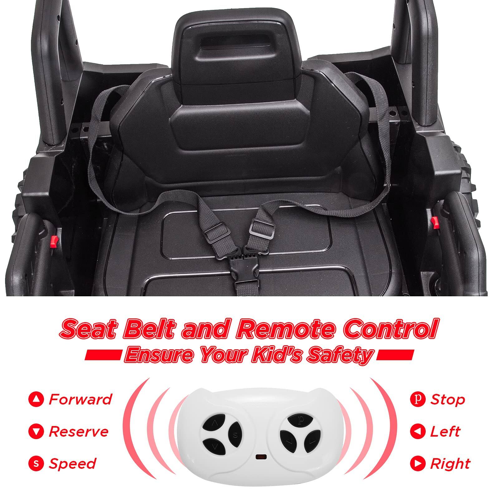 Seat Belt and Remote Control  
Ensure Your Kid's Safety  

- Forward  
- Reserve  
- Speed  

- Stop  
- Left  
- Right