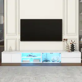 Spaco - Modern LED TV Stand up to 105"TV with APP Control, Faux Marble Top Entertainment Center for Living Room - White