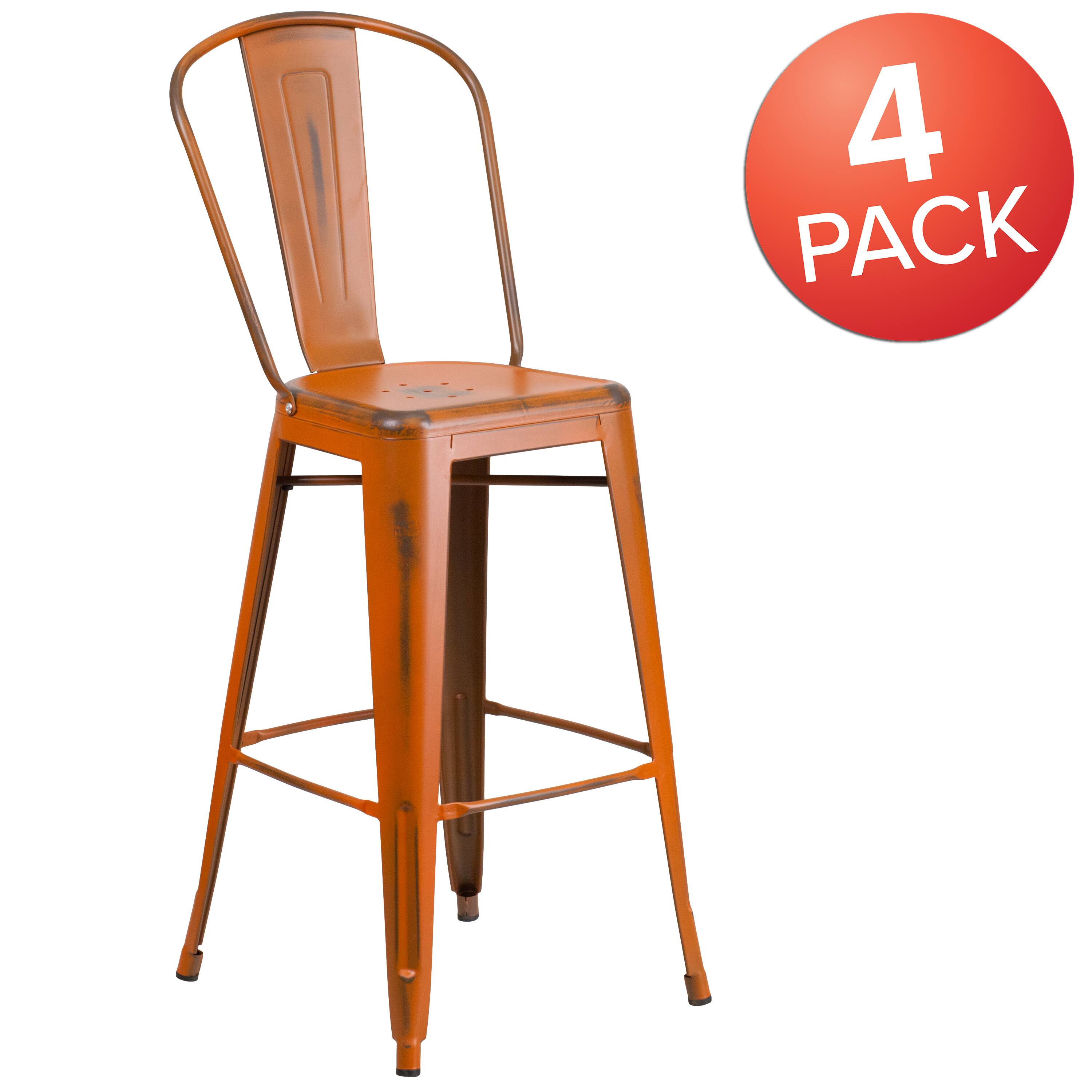 Alt View 1. Emma + Oliver - Commercial Grade 4 Pack 30" High Distressed Metal Indoor-Outdoor Barstool with Back - Orange.
