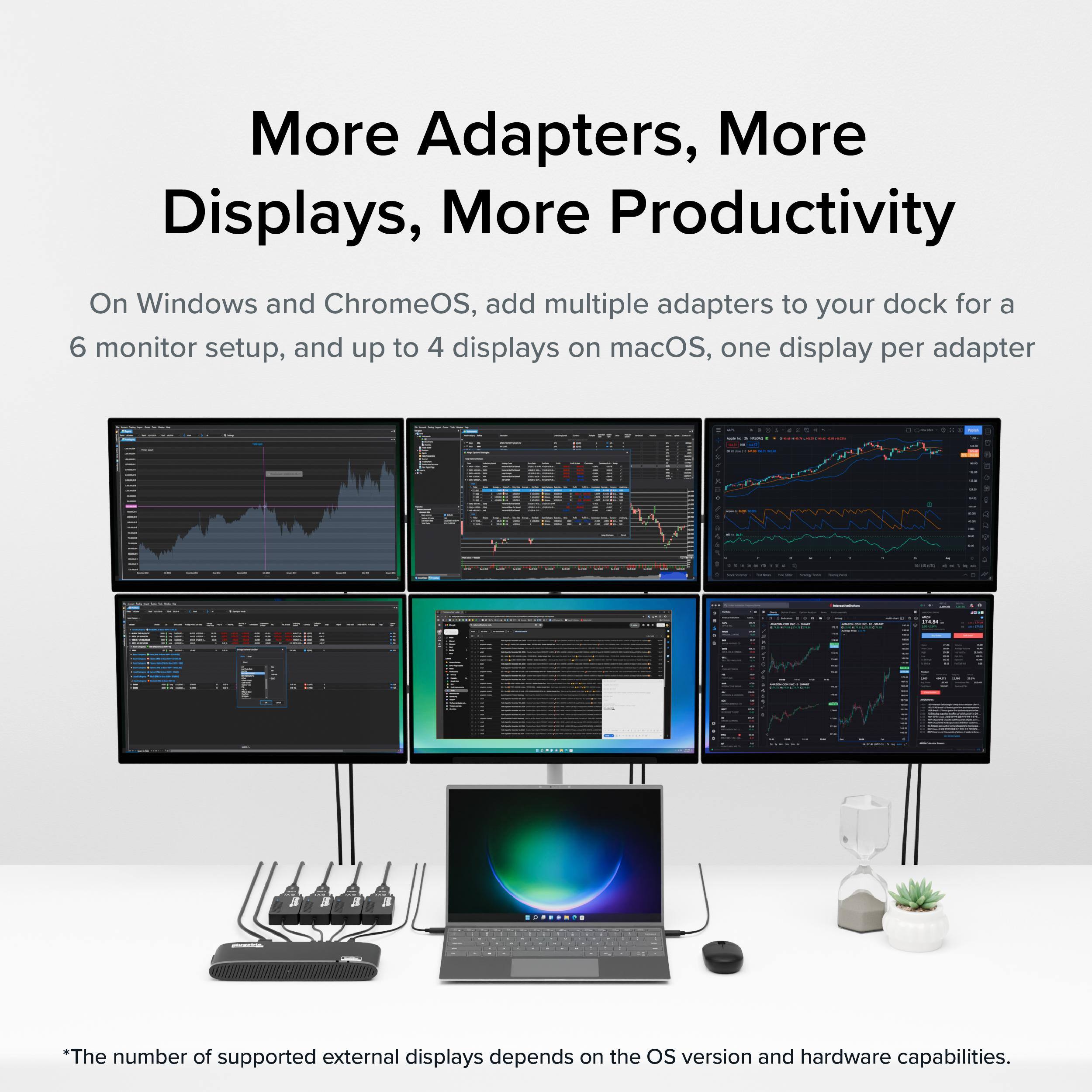 More Adapters, More Displays, More Productivity

On Windows and ChromeOS, add multiple adapters to your dock for a 6 monitor setup, and up to 4 displays on macOS, one display per adapter

*The number of supported external displays depends on the OS version and hardware capabilities.