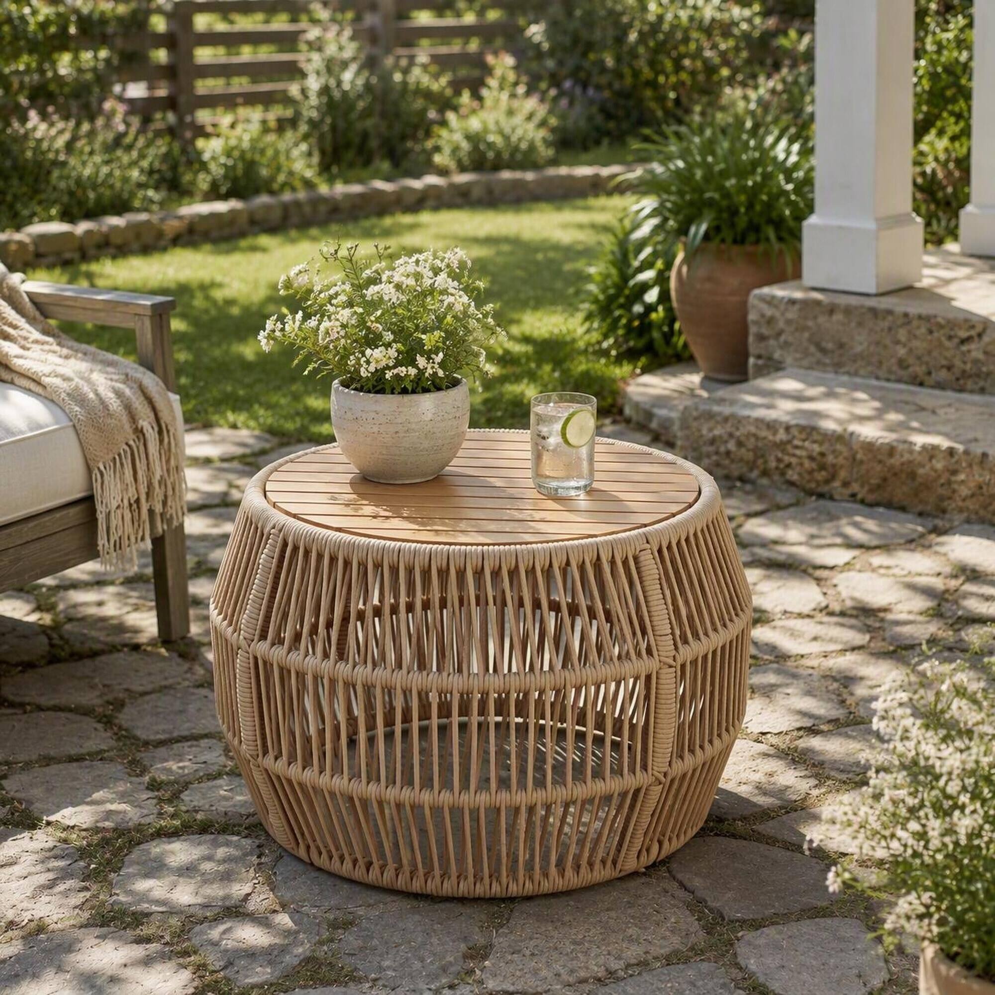 Angle. RYHNUYNE - Outdoor Round Coffee Table,Rattan Rope & Acacia Wood Patio Furniture, \Weather Resistant for Garden Yard Balcony - Light beige,Teak.