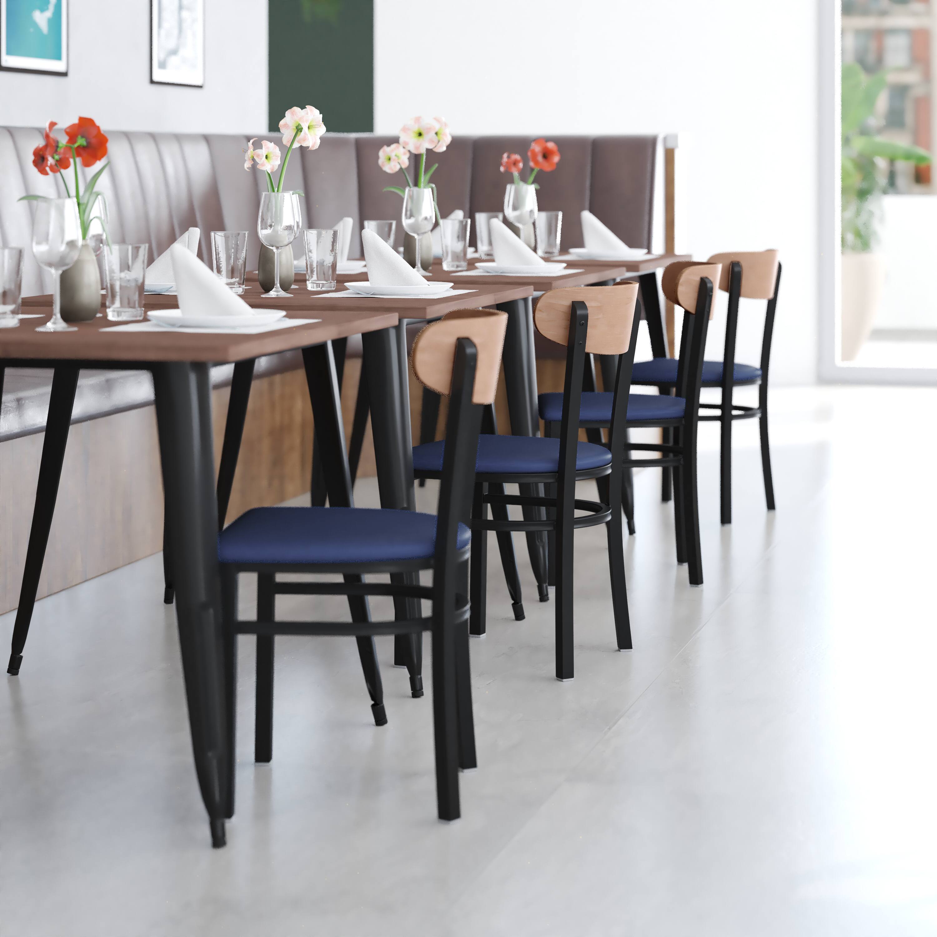 Alt View 3. Emma + Oliver - Yara Industrial Dining Chair with Rolled Steel Frame and Solid Wood Seat - 500 lbs. Static Weight Capacity - Natural Birch Wood Back/Blue Vinyl Seat.