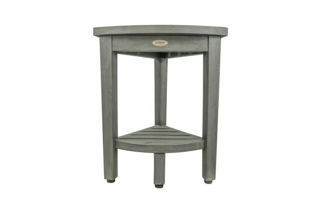 Front. CoastalVogue - CoastalVogue SnazzyCorner 15" Teak Wood Corner Shower Bench with Shelf in Antique Gray Finish - Antique Gray.