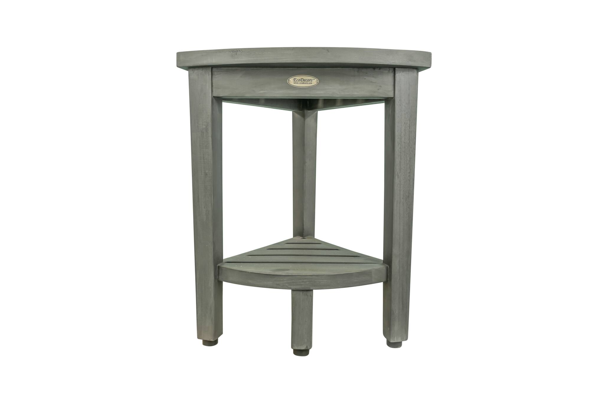 Front. CoastalVogue - CoastalVogue SnazzyCorner 15" Teak Wood Corner Shower Bench with Shelf in Antique Gray Finish - Antique Gray.