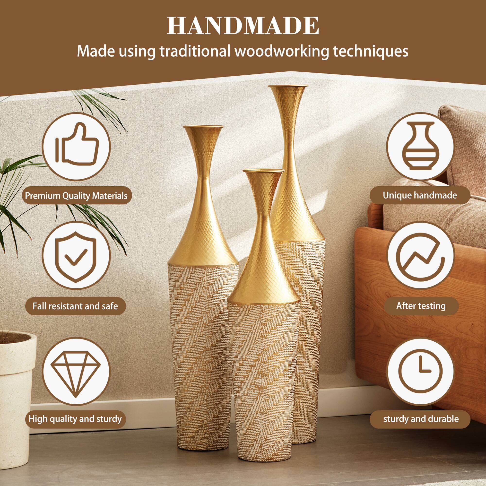 HANDMADE  
Made using traditional woodworking techniques

- Premium Quality Materials
- Unique handmade
- Fall resistant and safe
- After testing
- High quality and sturdy
- Sturdy and durable