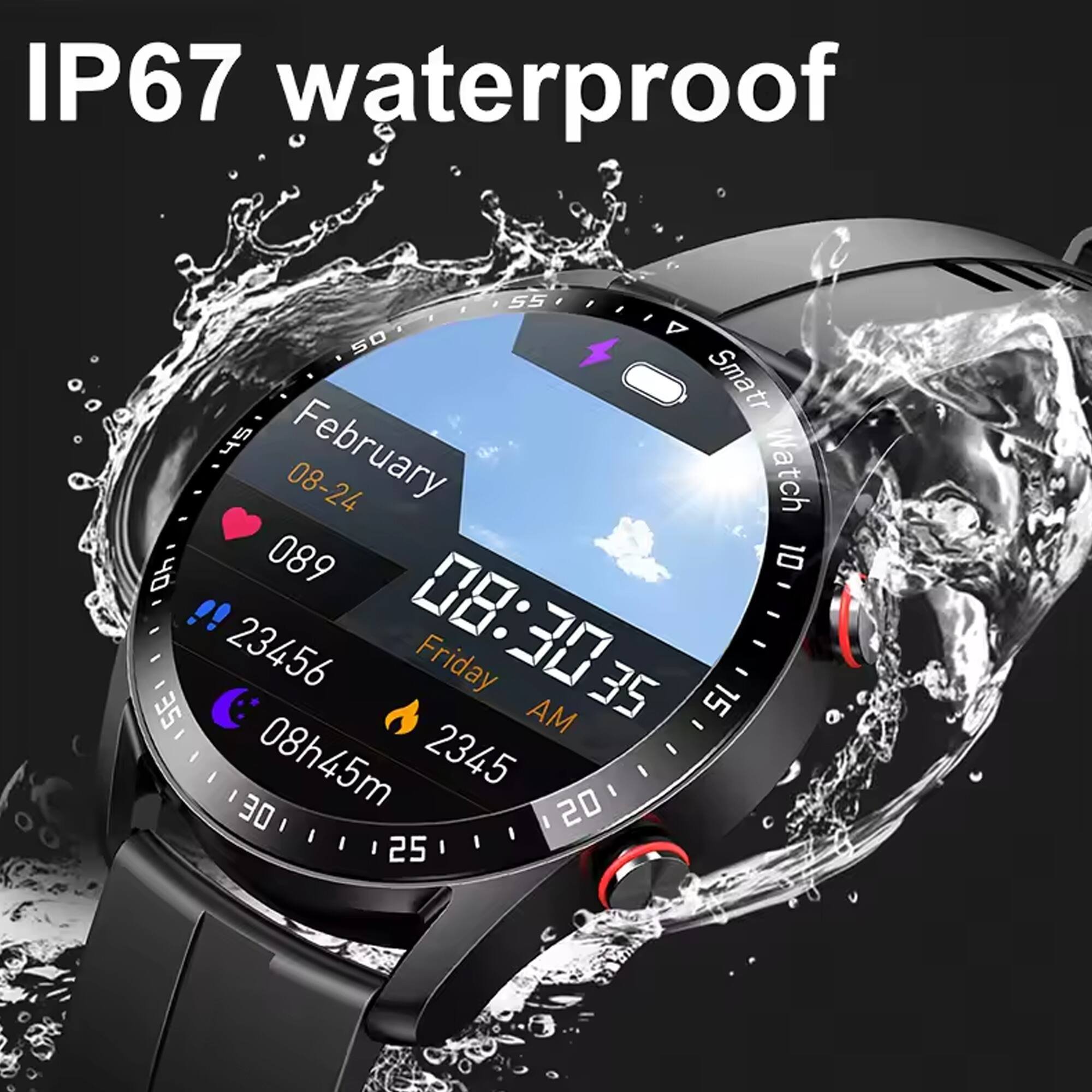 IP67 waterproof  
55 50 A Smart tr Sh  
February 08-24  
Watch  
089 10 4D - - SE  
23456  
08:30:35  
Friday AM  
35 - 15 - 08h45m  
2345  
30 I 20 25