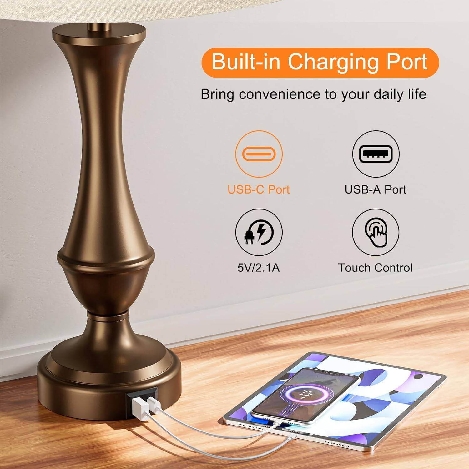 Built-in Charging Port  
Bring convenience to your daily life  

- USB-C Port  
- USB-A Port  
- 5V/2.1A  
- Touch Control