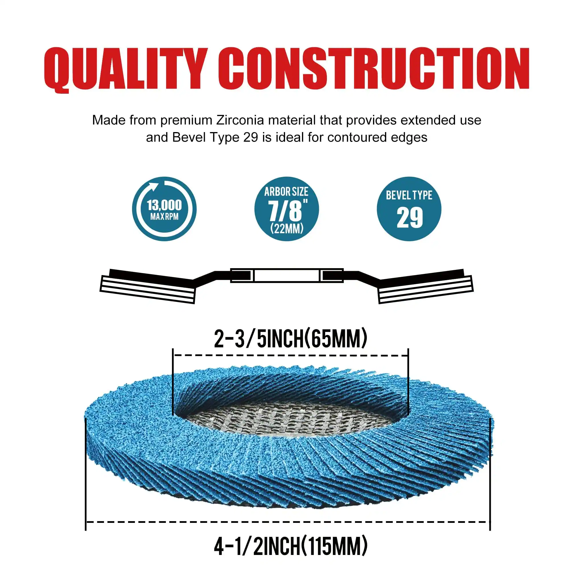 QUALITY CONSTRUCTION

Made from premium Zirconia material that provides extended use and Bevel Type 29 is ideal for contoured edges

13,000 MAXRPM

ARBOR SIZE 7/8" (22MM)

BEVEL TYPE 29

2-3/5INCH (65MM)

4-1/2INCH (115MM)
