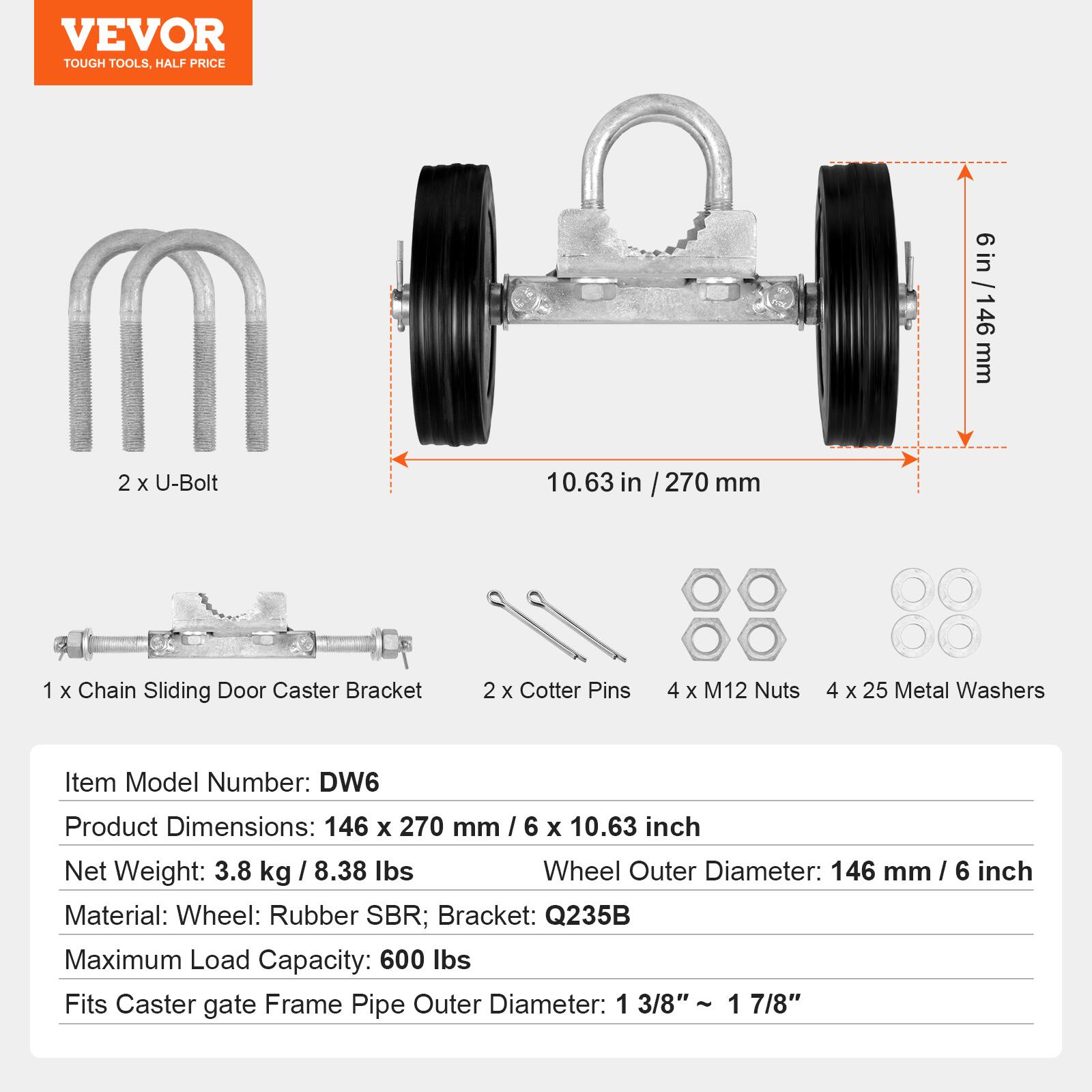 Gate Rollar VEVOR Sliding Gate Kit, 6” Rolling Gate Hardware Kit, Universal ...