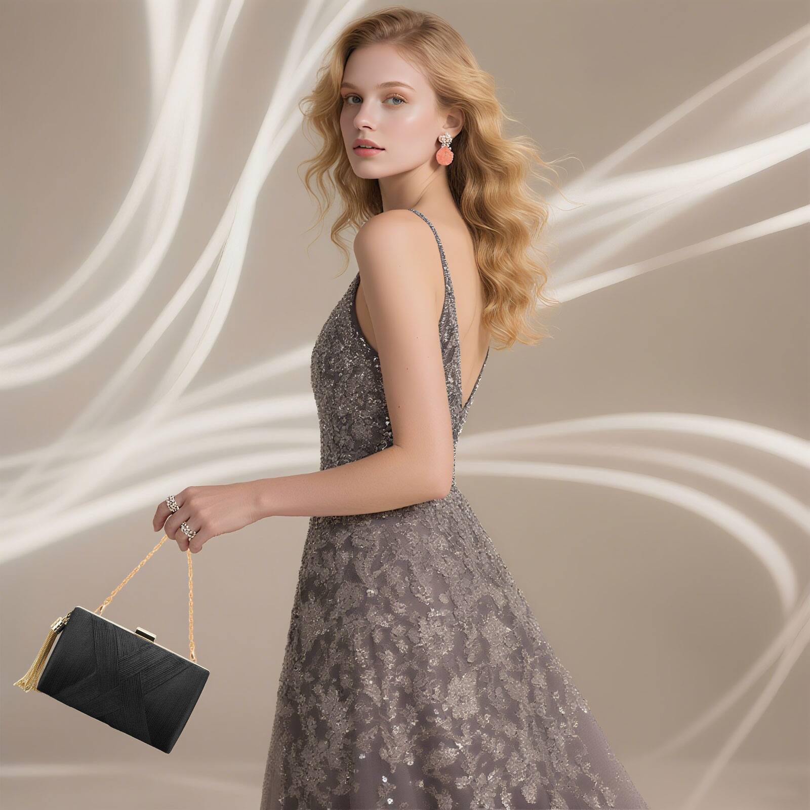 Alt View 1. Unique Bargains - Satin Evening Bag Clutch Purse for Women, Chain Tassel Wedding Handbag Compact Formal Clutch for Party Bride - Black.