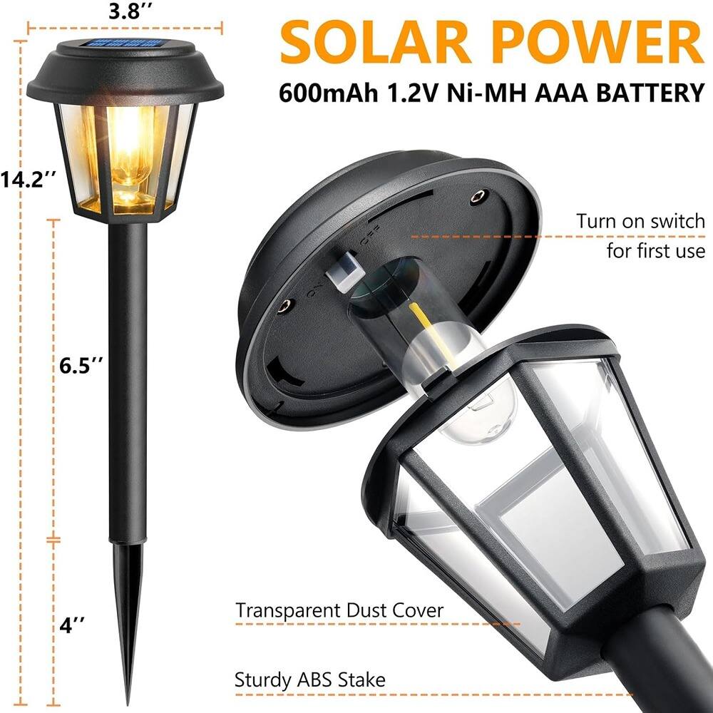 - 3.8" SOLAR POWER
- 600mAh 1.2V Ni-MH AAA BATTERY
- 14.2"
- 6.5" + 4"
- Transparent Dust Cover
- Sturdy ABS Stake
- Turn on switch for first use