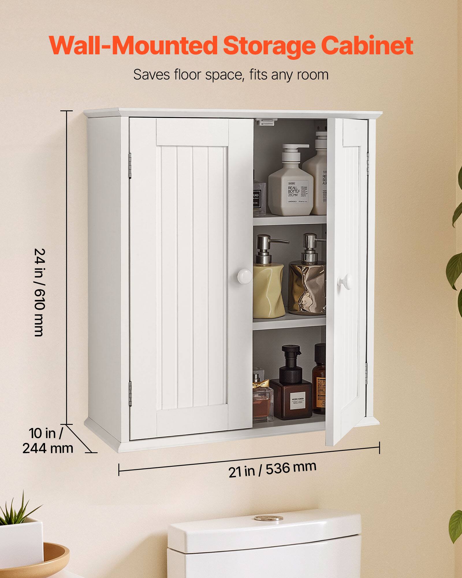 Wall-Mounted Storage Cabinet  
Saves floor space, fits any room  

24 in / 610 mm  
10 in / 244 mm  
21 in / 536 mm