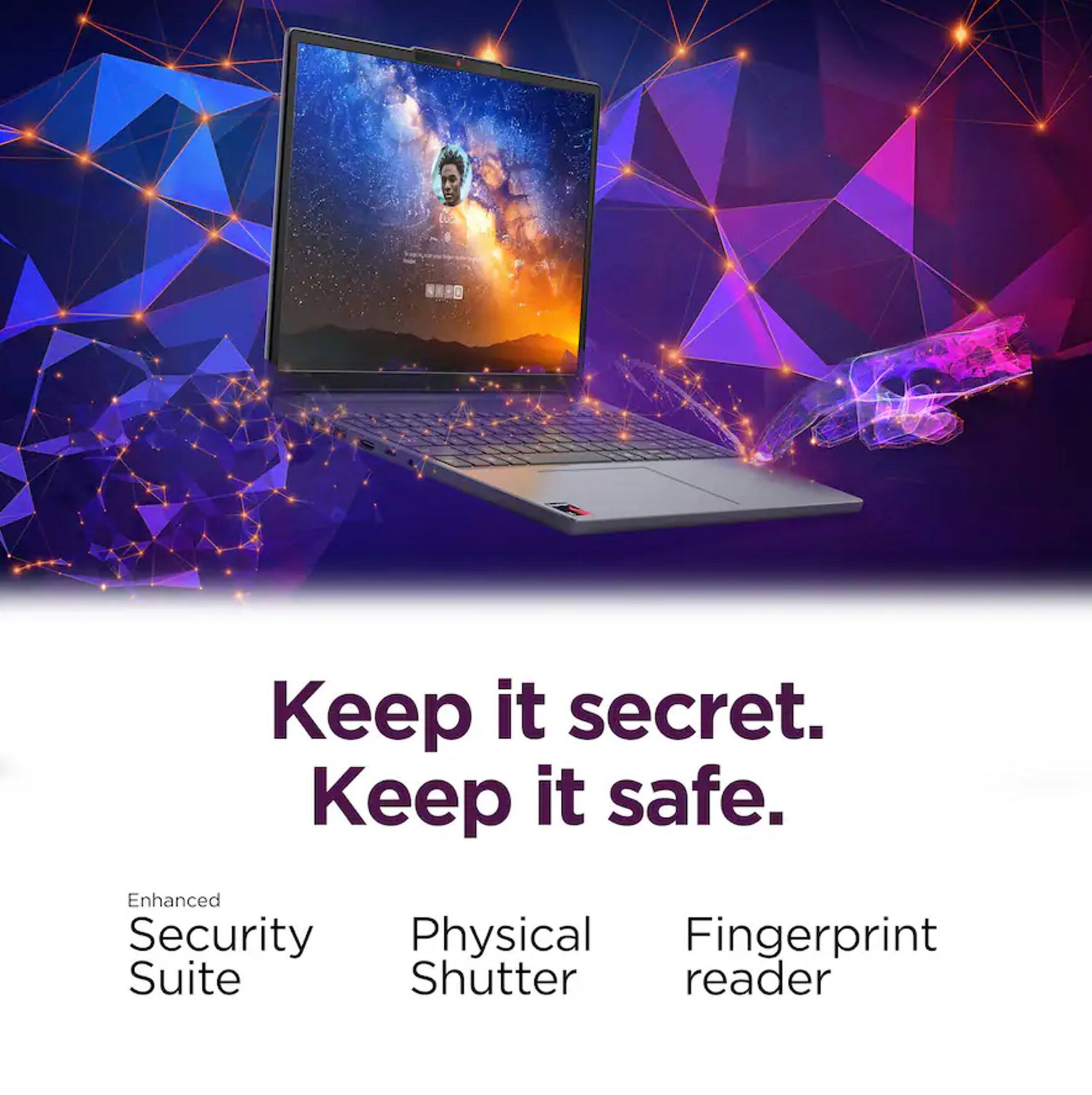 Keep it secret. Keep it safe.

Enhanced Security Suite  
Physical Shutter  
Fingerprint reader