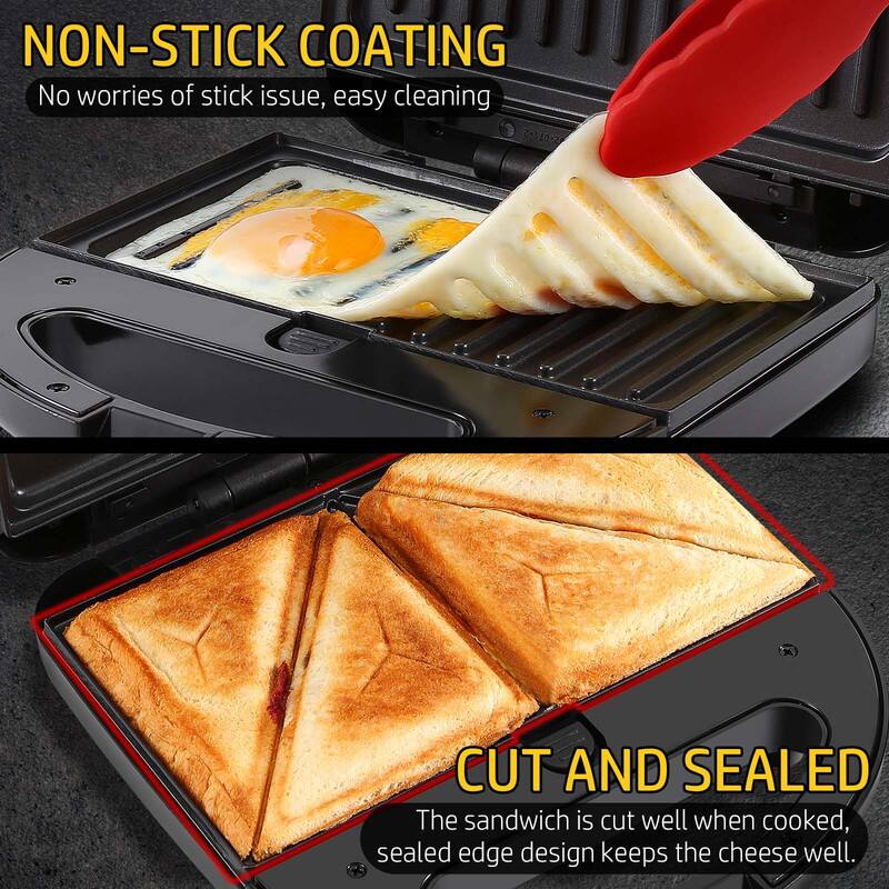 **NON-STICK COATING**  
No worries of stick issue, easy cleaning

**CUT AND SEALED**  
The sandwich is cut well when cooked, sealed edge design keeps the cheese well.