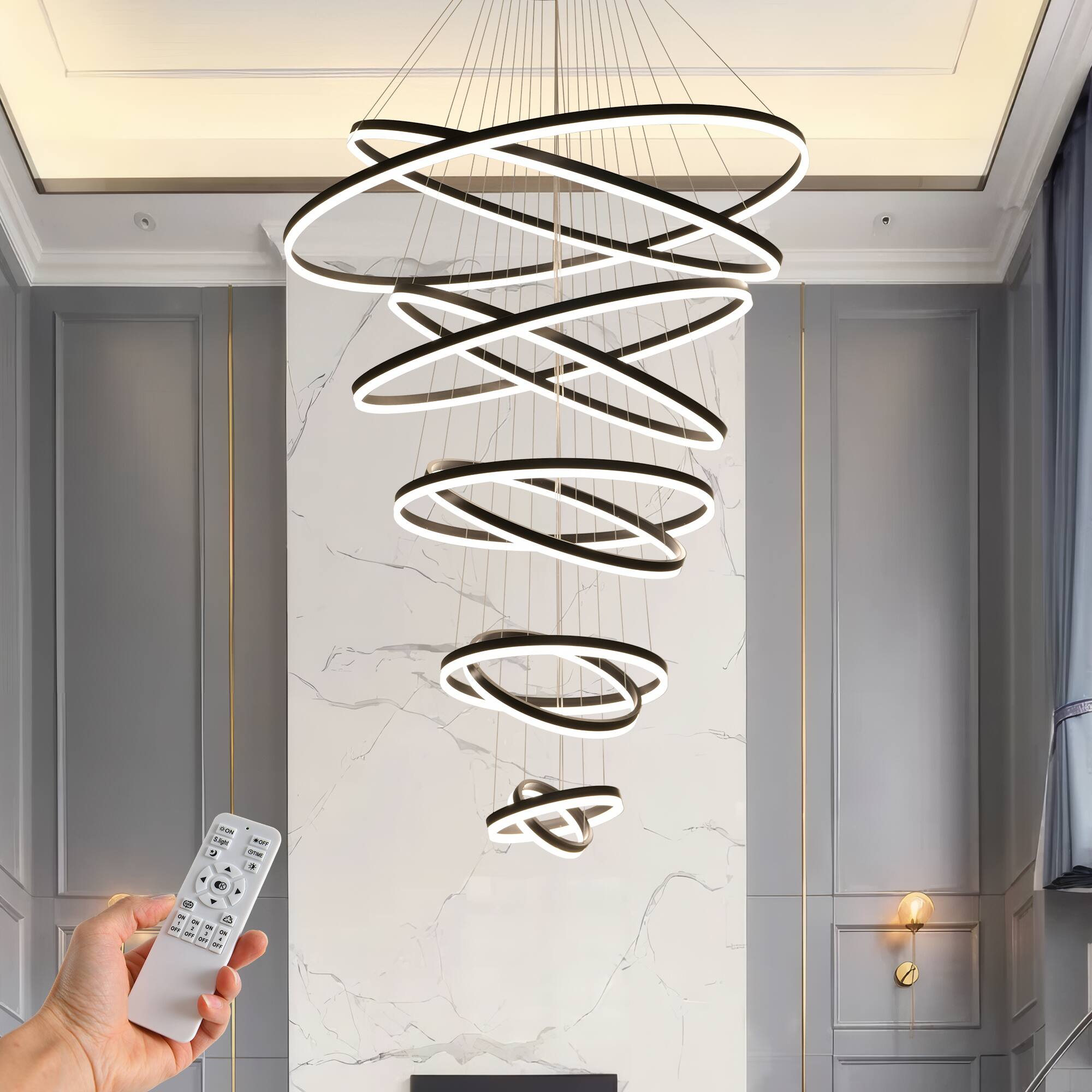 Front. RYHNUYNE - 10-Ring Modern LED Chandelier with Remote Adjustable Height Dimmable Pendant Light for High Ceilings Foyer Living Room - Black.