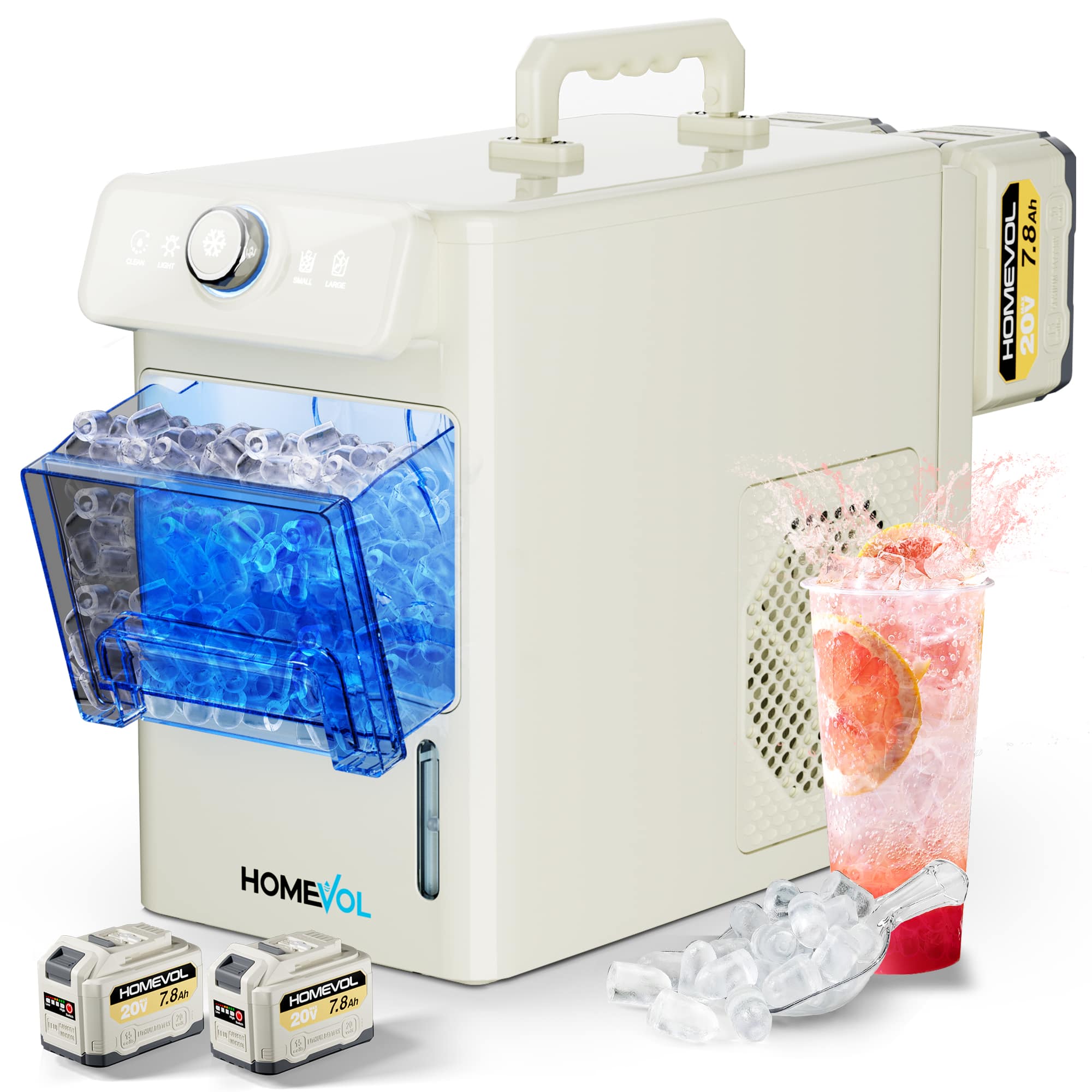Homevol - Portable Ice Maker for Indoor & Outdoor Use, Battery Powered or Plug-in, 5.5H Runtime, Portable for Camping & RV - White