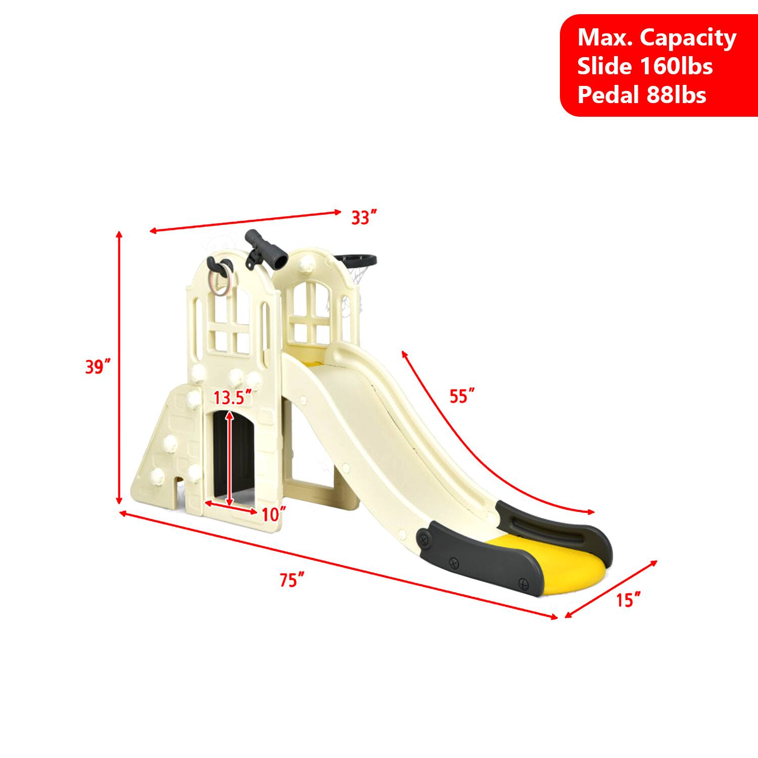 Max. Capacity  
Slide 160lbs  
Pedal 88lbs  

33"  
39"  
13.5"  
55"  
10"  
75"  
15"
