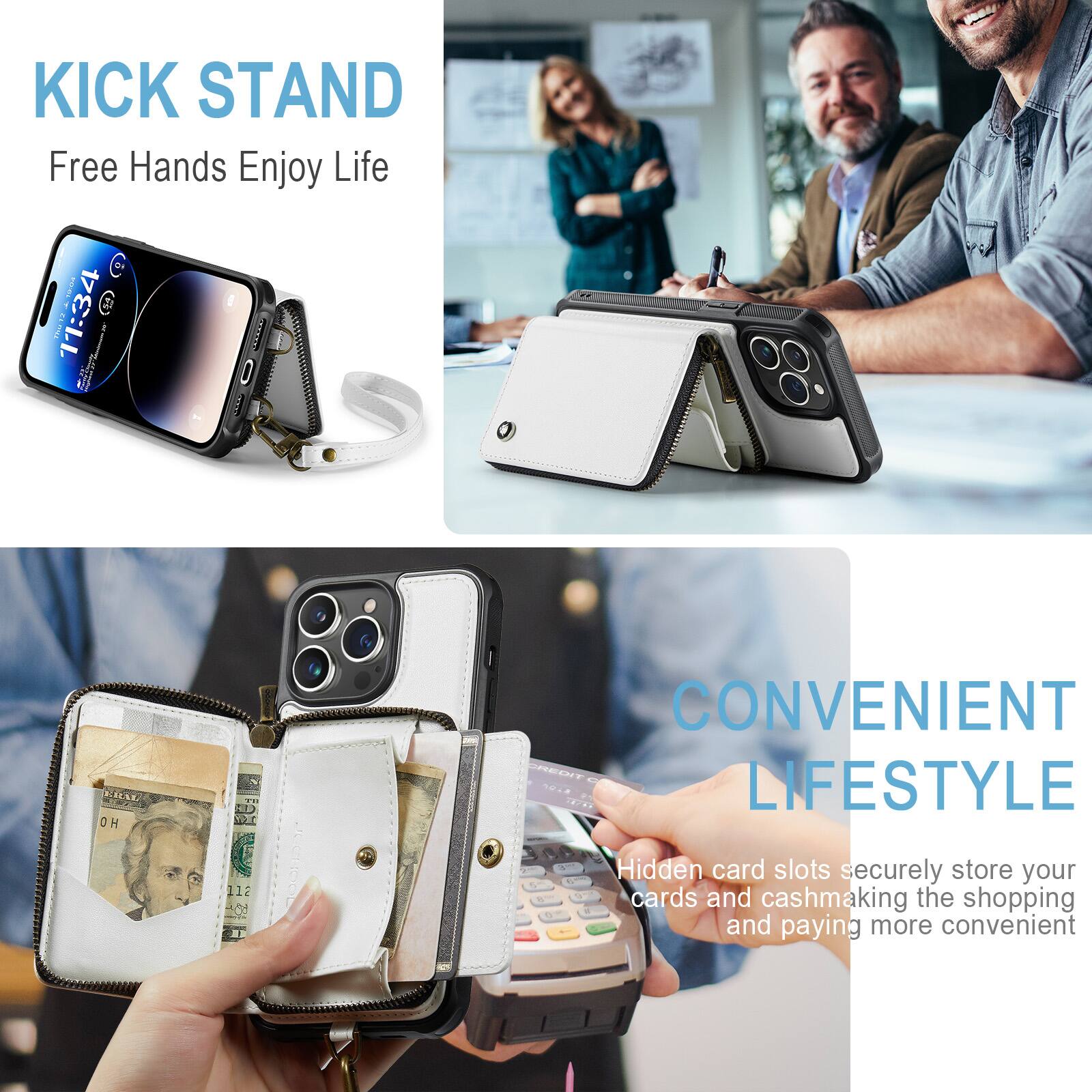 KICK STAND  
Free Hands Enjoy Life

- 2 musa 11:34 nn 5 dd 30 : KILLE OH  
CONVENIENT LIFESTYLE 112 AA

Hidden card slots securely store your cards and cash, making the shopping and paying more convenient