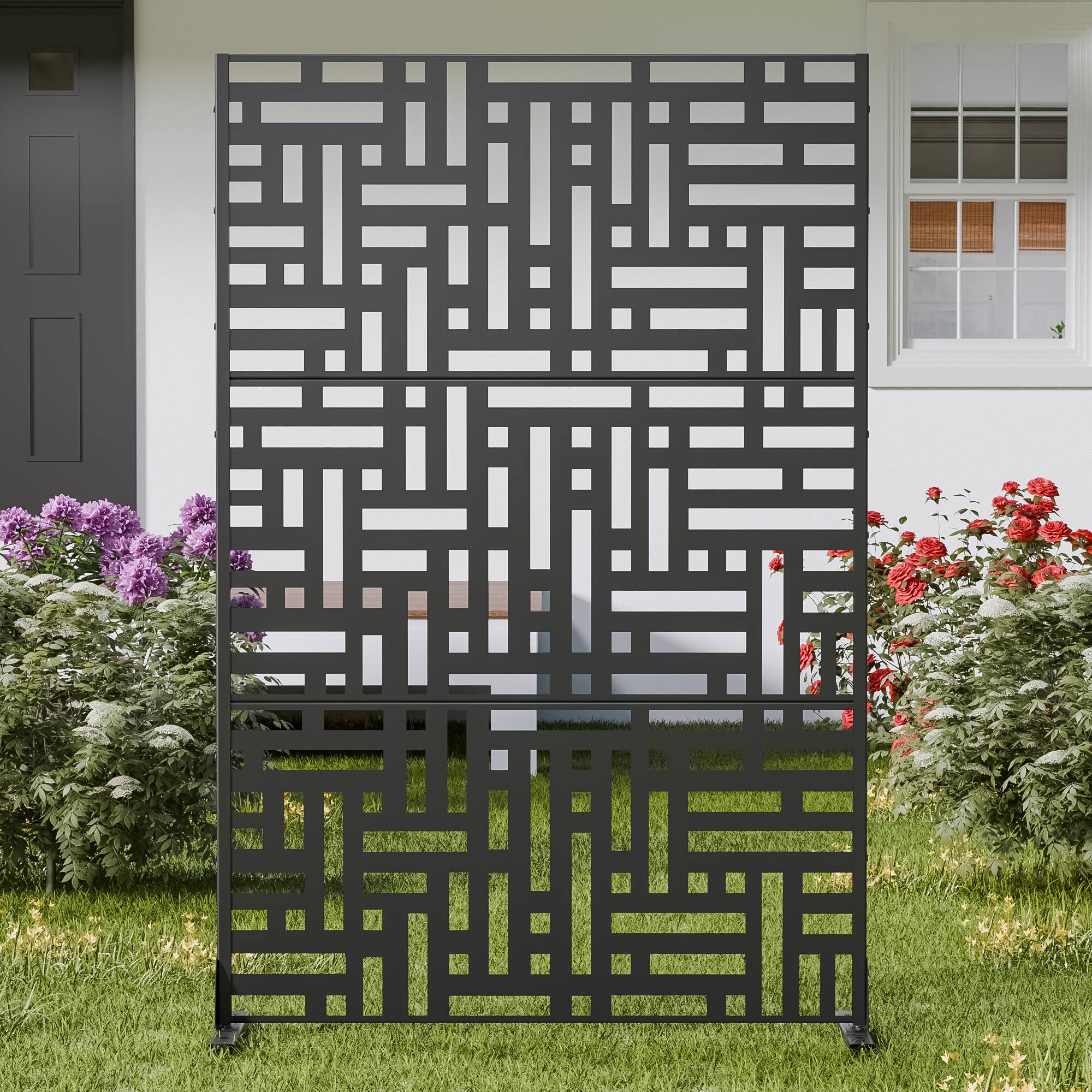 Front. PexFix - 72 in. x 47 in. Helen Pattern Metal Outdoor Privacy Screen & Panels, Freestanding Garden Divider Fence - Black.