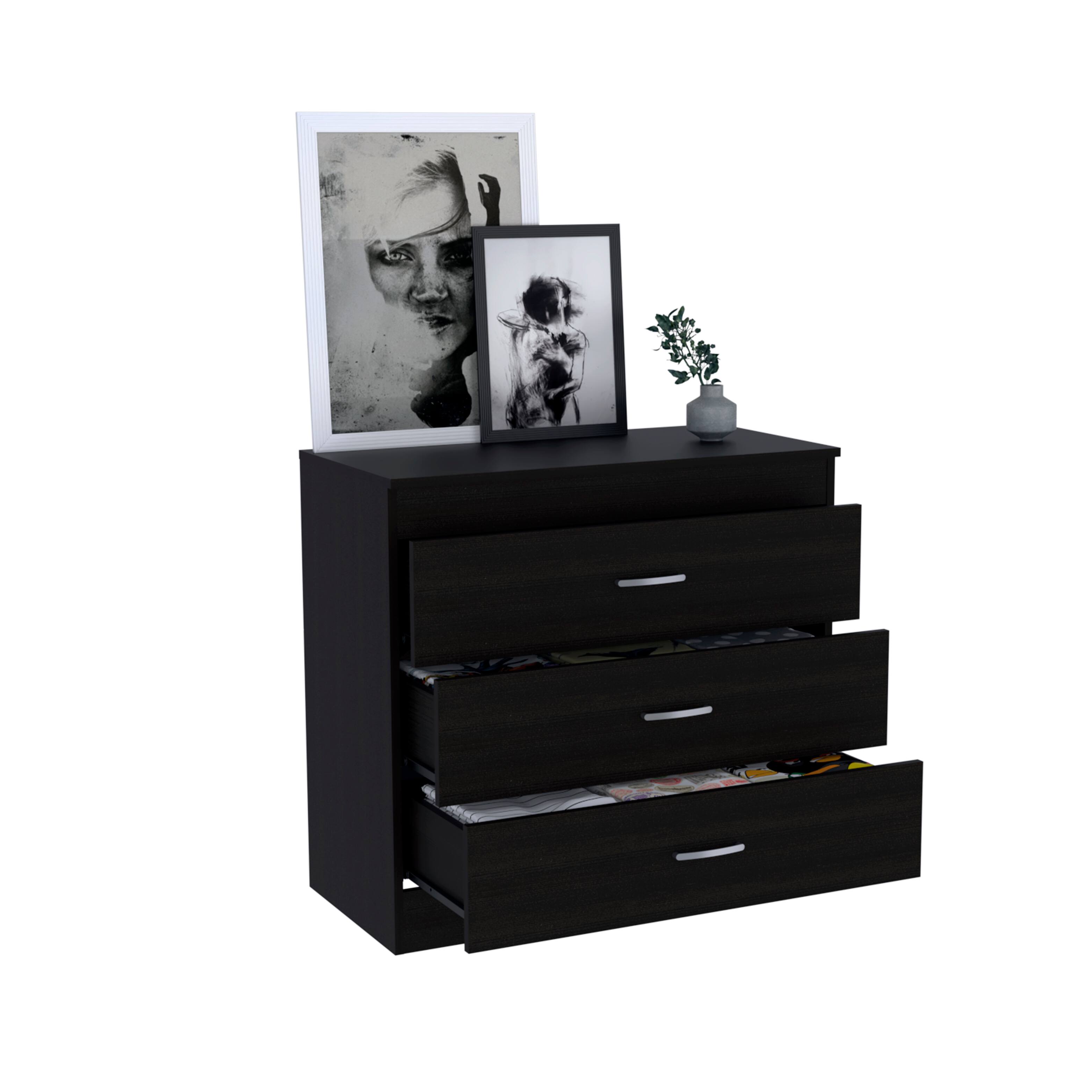 Alt View 2. TuHome - Melia Three Drawer Dresser, Superior Top, Metal Hardware - Black.