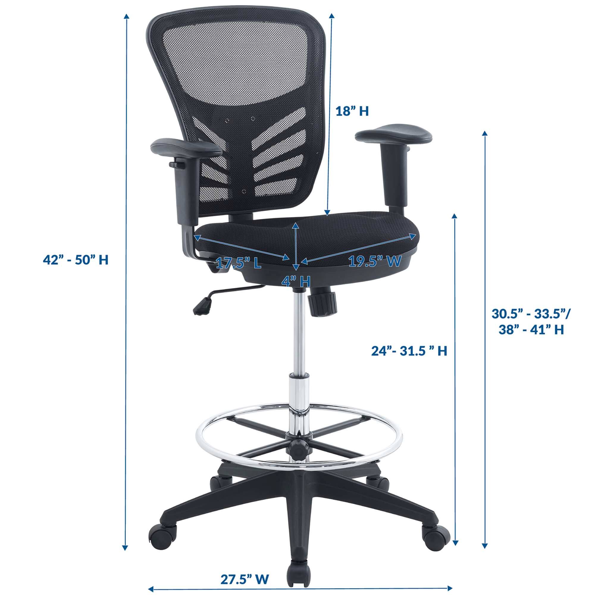 - Height: 42" - 50"
- Seat Height: 18"
- Seat Depth: 17.5"
- Seat Width: 19.5"
- Back Height: 24" - 31.5"
- Armrest Height: 30.5" - 33.5"
- Overall Height: 38" - 41"
- Width: 27.5"