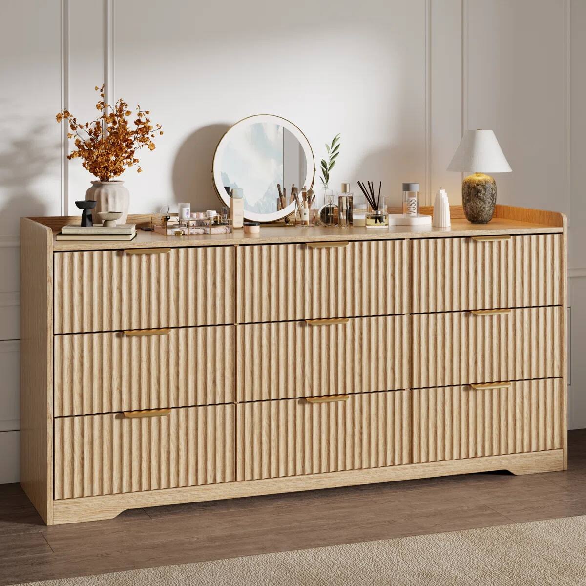 Front. Furnulem - 9drawer Dresser Wood Wide Chest Of Drawers With Metal Handle - Gold.