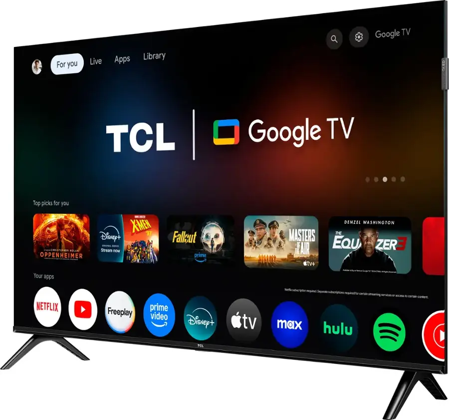 Google TV For you Live Apps Library OLED TCL Google TV Top picks for you XMEN 97 Disney+ - M... - dedStazaes SLL Stream now OPPENHEIMER Falleut prime MASTERS E I AIR V+ DENZEL WASHINGTON THE EQU ZERE Your apps NETFLIX Freeplay prime video Disney+ TCL tv a sutscrpton Vded Seporate suteorpturs maRN - streaning senvices . -m - certain corsent max hulu