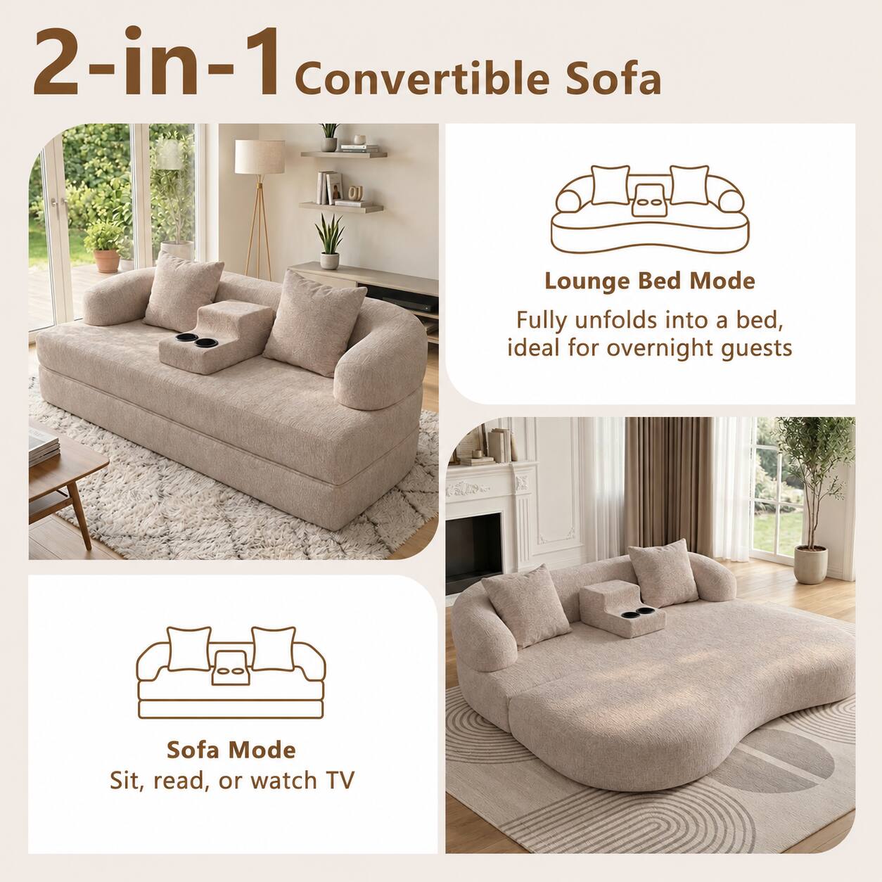 2-in-1 Convertible Sofa

Lounge Bed Mode
Fully unfolds into a bed, ideal for overnight guests

Sofa Mode
Sit, read, or watch TV