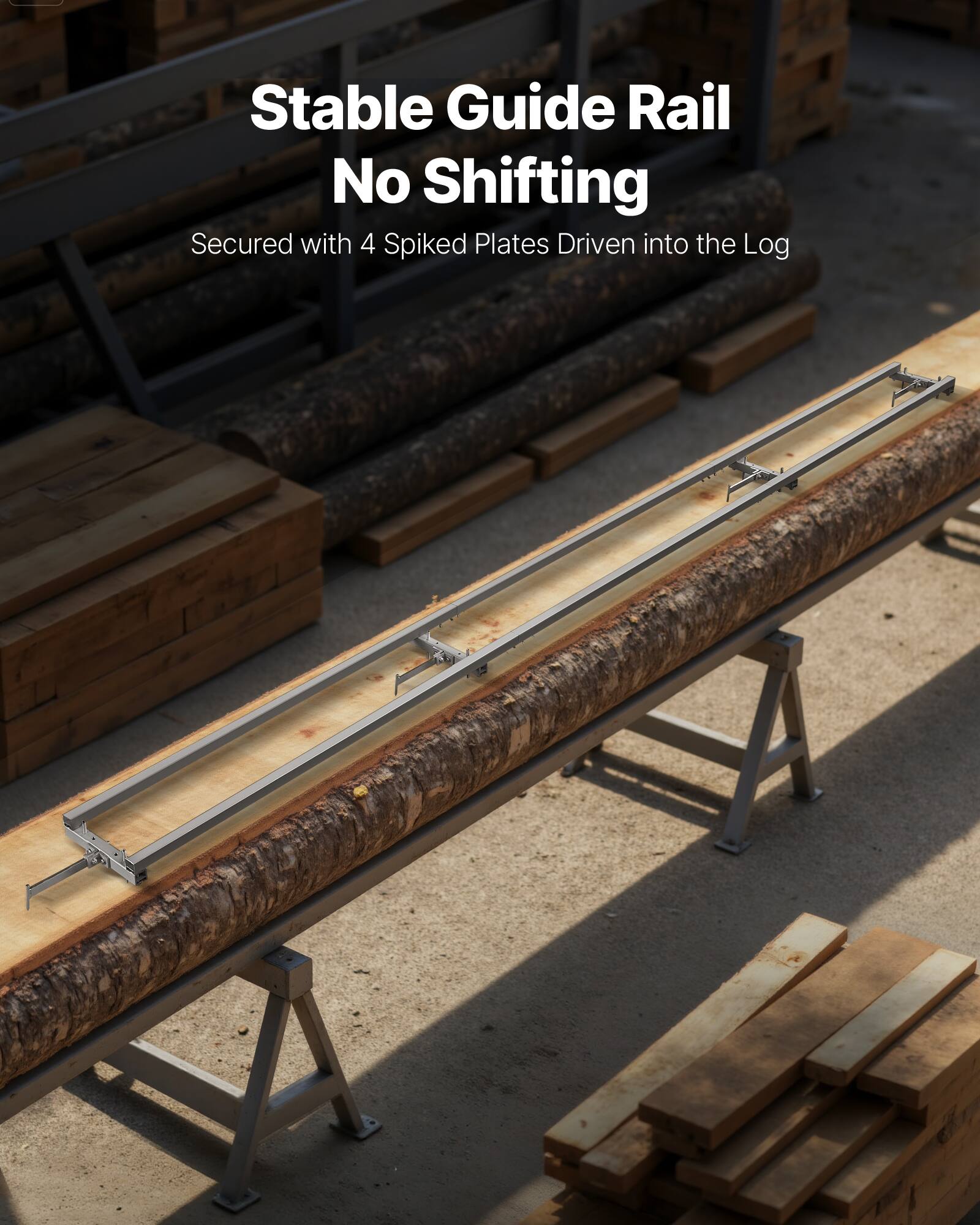 Stable Guide Rail  
No Shifting  

Secured with 4 Spiked Plates Driven into the Log