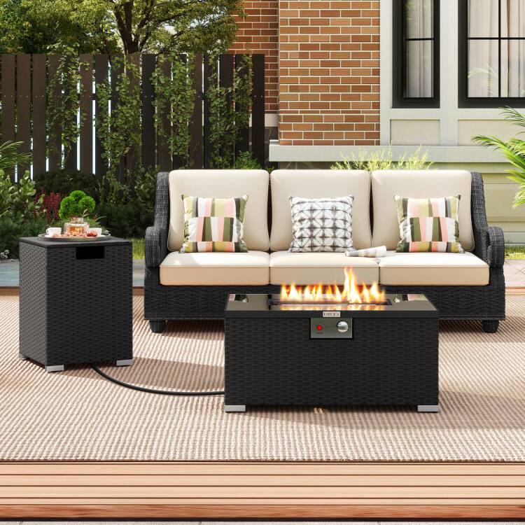 Left. Mondawe - 2-Piece Outdoor Rattan Fire Table Set 32 Inch Rectangle Propane Firepit with Tank Cover - Black.