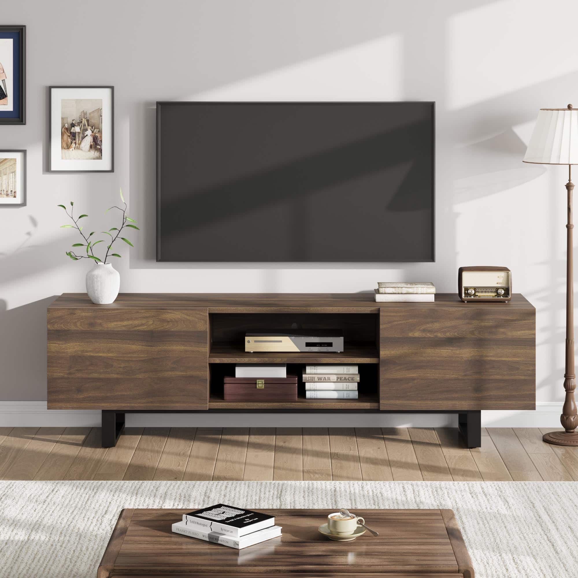 Qeetex - 70" Modern TV Stand for 80 Inch TVs, Minimalist Wooden Entertainment Center with 2 Drawers & Open Shelves - Brown