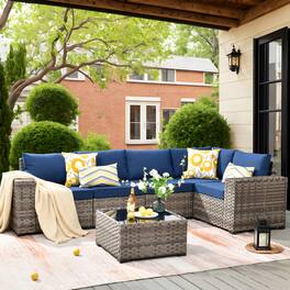 Ovios - 6 PCS Rattan Patio Furniture, Modular Sectional Sofa, Outdoor Conversation Set with Coffee Table - Navy Blue