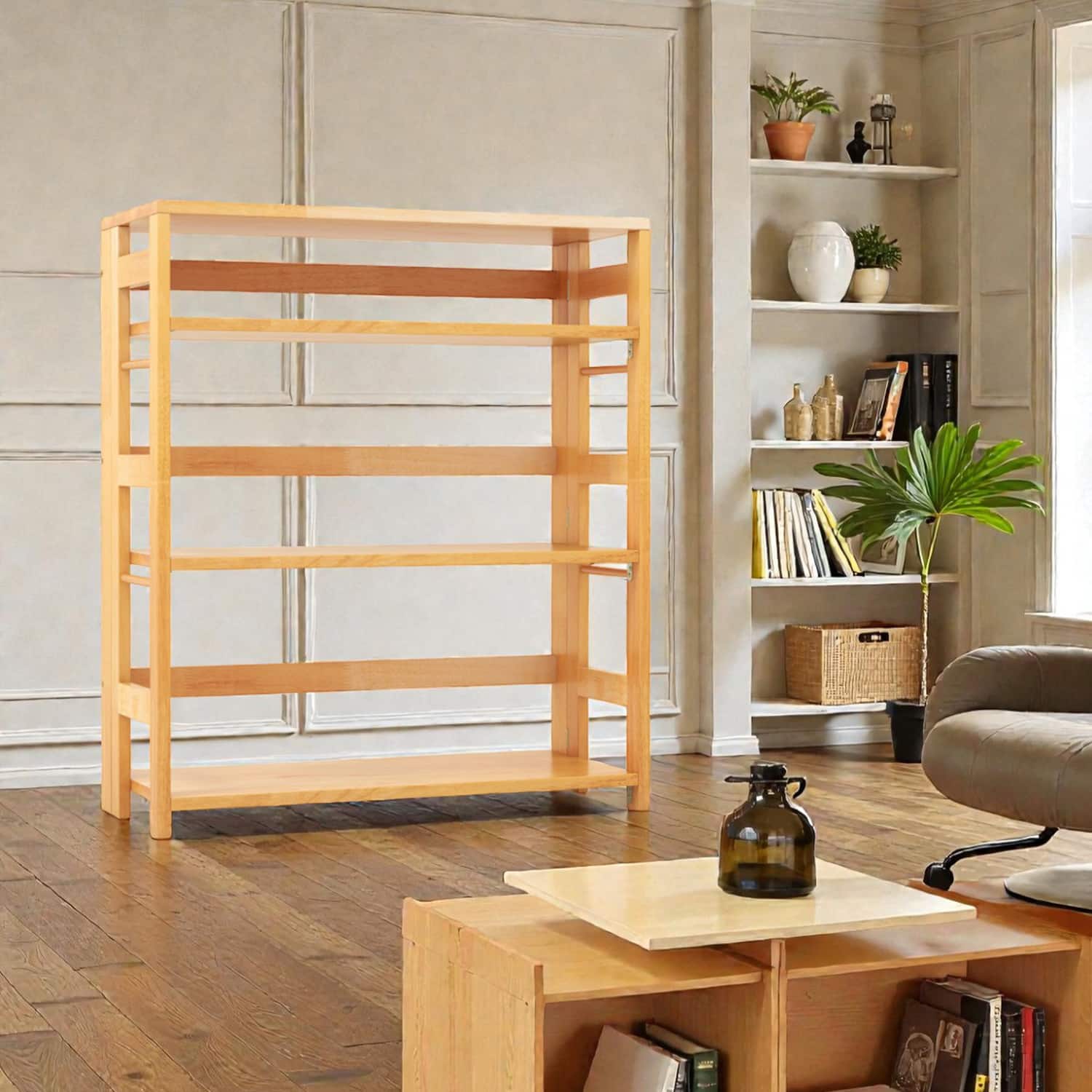 Hivvago - Rubberwood 4-Tier Storage Shelf Open Bookcase with Guarded Sides -29.5 inch - Natural