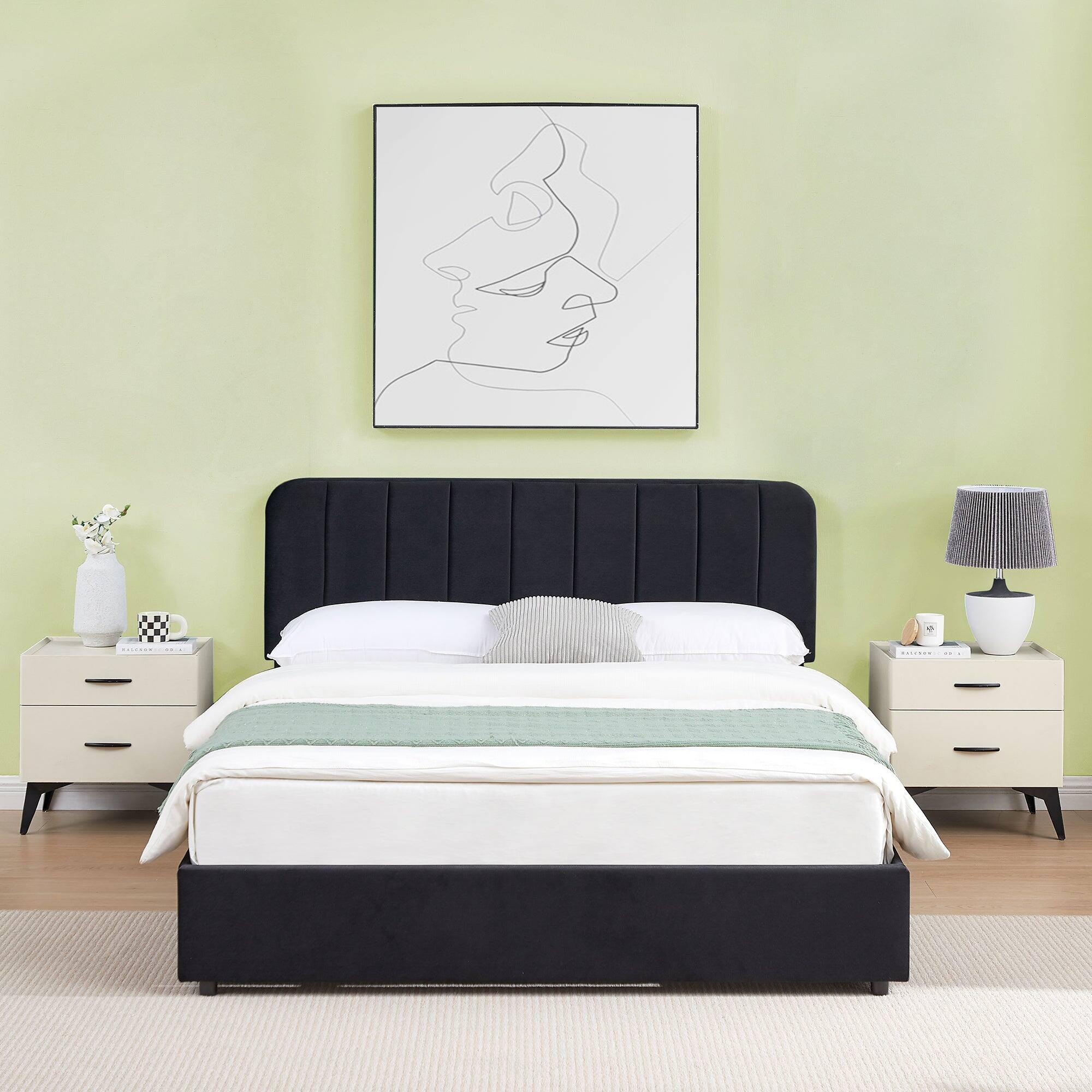 Left. Vecelo - Queen Size Storage Bed Frame with 4 Drawers - Velvet Upholstered, Adjustable Headboard, 800lb Capacity, Noise Free - Black.