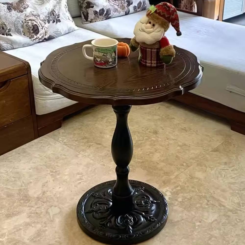 Front. Refined Abode Design - Elegant Retro Carved Round Coffee Table - Brown.