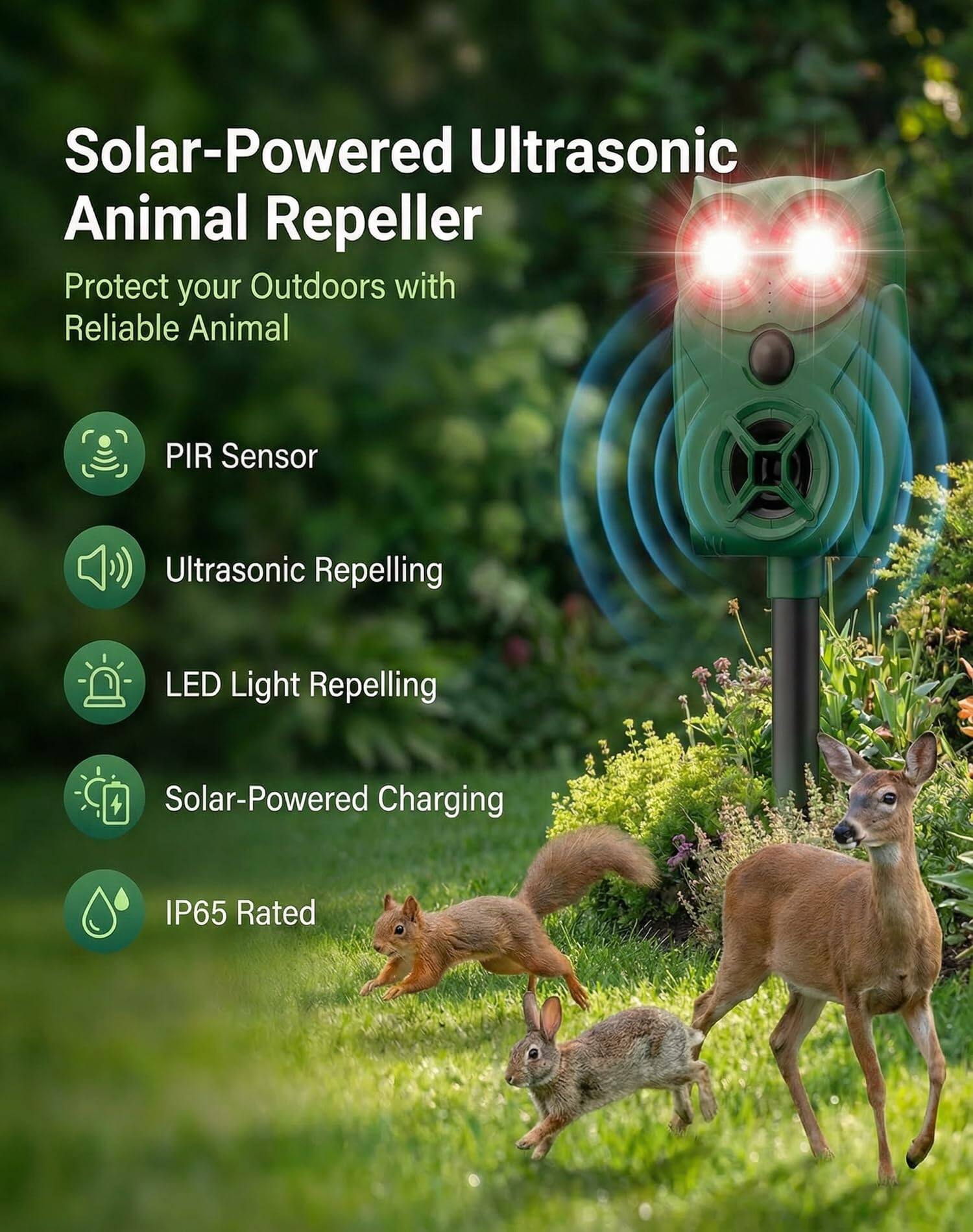 Solar-Powered Ultrasonic Animal Repeller  
Protect your Outdoors with Reliable Animal  

- PIR Sensor  
- Ultrasonic Repelling  
- LED Light Repelling  
- Solar-Powered Charging  
- IP65 Rated