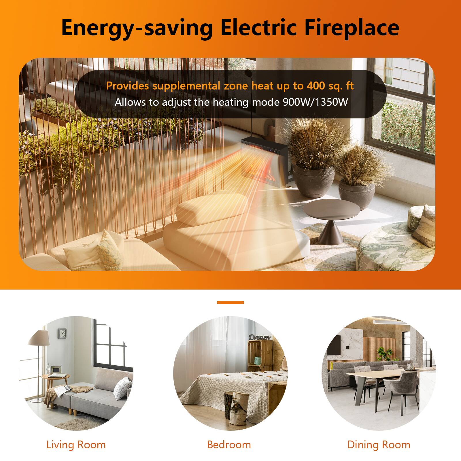 Energy-saving Electric Fireplace
Provides supplemental zone heat up to 400 sq. ft
Allows to adjust the heating mode 900W/1350W
Living Room
Bedroom
Dining Room